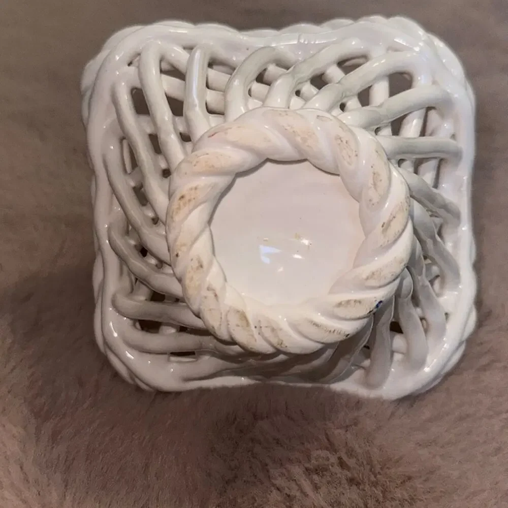 Vintage Handmade Italian White Lattice Woven Ceramic Basket